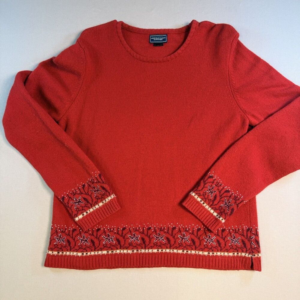 VTG American Eagle Outfitters 100% Lambs Wool Red Sweater Nordic/Fair Isle XL HK